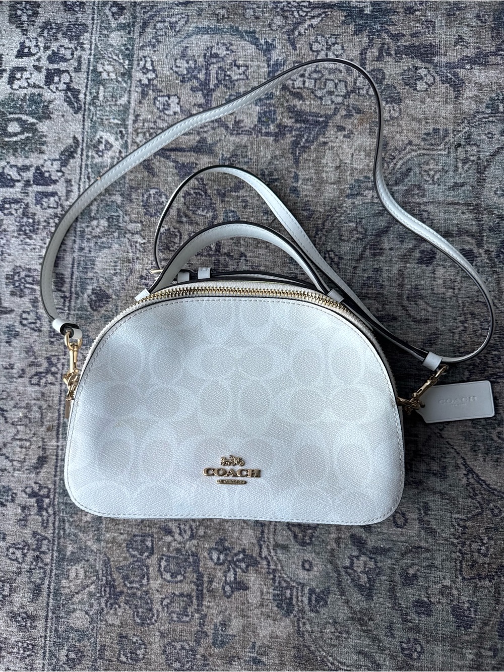 Coach Signature Dome Crossbody Bag in Light Gray/White with Gold Hardware